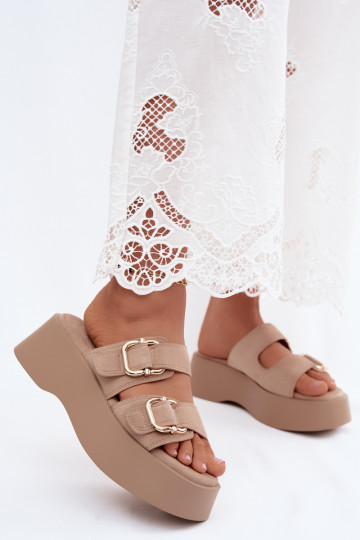 Dames klompen met platform en gespen in gouden kleur faux suede Hazelia 2