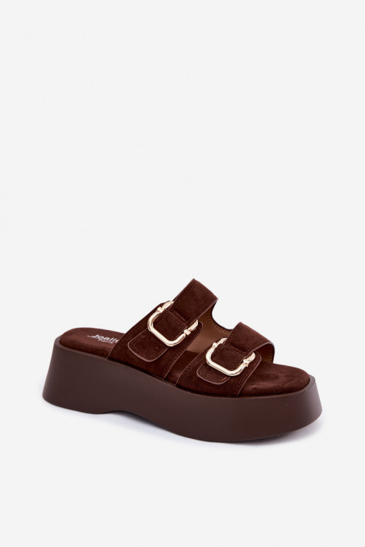 Dames klompen met platform en gespen in chocolade kleur faux suede Hazelia