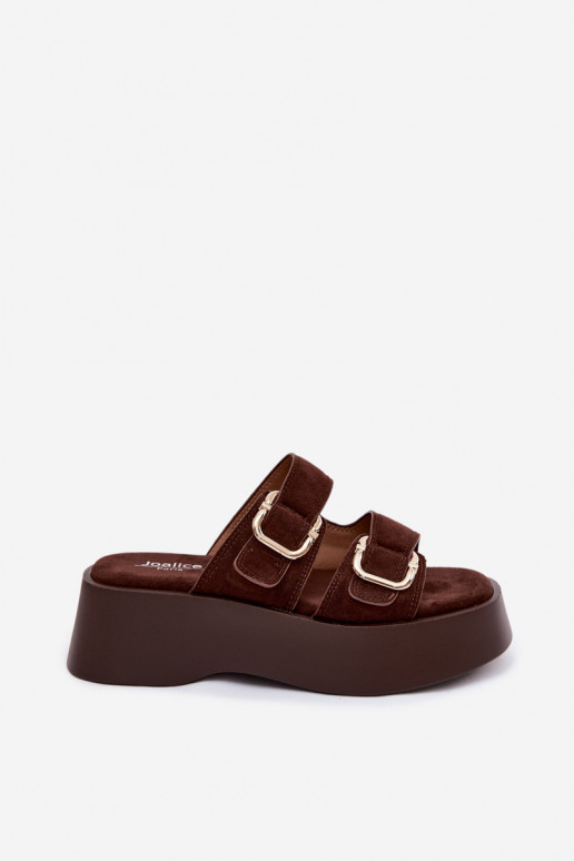 Dames klompen met platform en gespen in chocolade kleur faux suede Hazelia