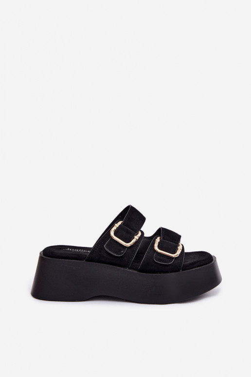 Damen Clogs mit Plattform und Schnallen in Schwarz aus Kunstveloursleder Hazelia