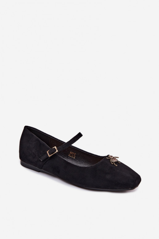 Dames ballerina's met bandjes en gespen in zwarte kleur faux suede Pinea