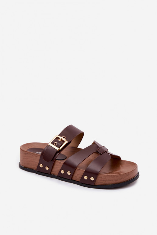Dameslippers van faux leather met gespen in bruin Cambria