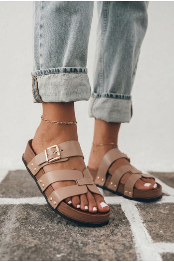 Damenpantoletten aus Kunstleder mit Schnallen in Sandfarbe Cambria 2