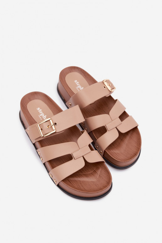 Dameslippers van faux leather met gespen in zandkleur Cambria