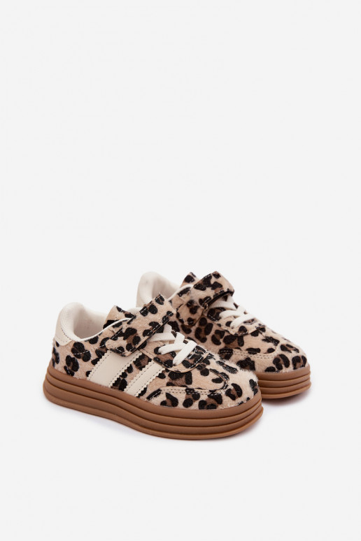 Chaussures de sport pour enfants avec imprimé léopard et Velcro couleur sable Satinia