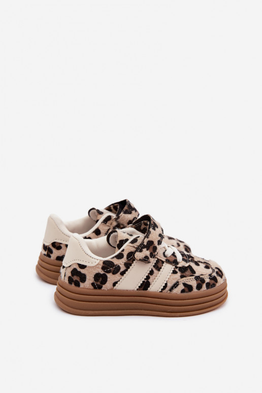Chaussures de sport pour enfants avec imprimé léopard et Velcro couleur sable Satinia