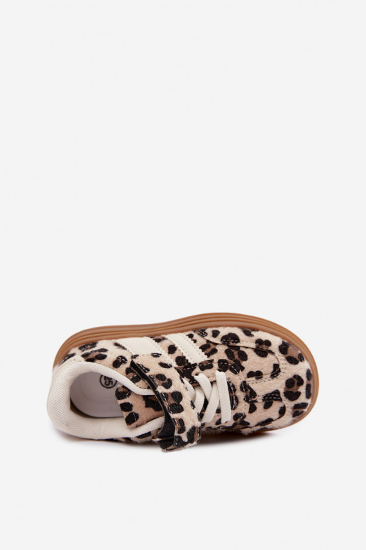Kinder sneakers met luipaardprint en klittenband in zandkleur Satinia