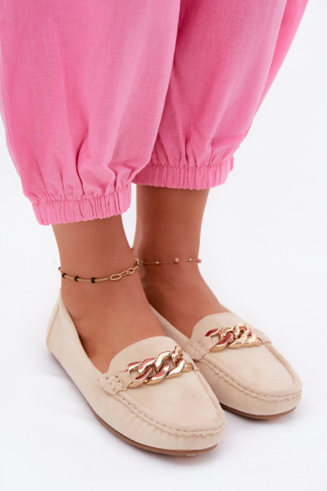 Mocassins dorés pour femmes avec chaîne en daim synthétique couleur sable Amaretto