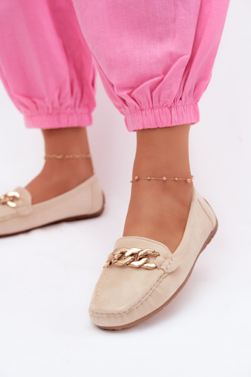 Damen Mokassins in Gold mit Kette aus Kunstveloursleder in Sandfarbe Amaretto 2