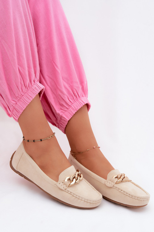 Damen Mokassins in Gold mit Kette aus Kunstveloursleder in Sandfarbe Amaretto