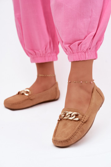 Dames gouden loafers met ketting van faux suede bruin Amaretto 2