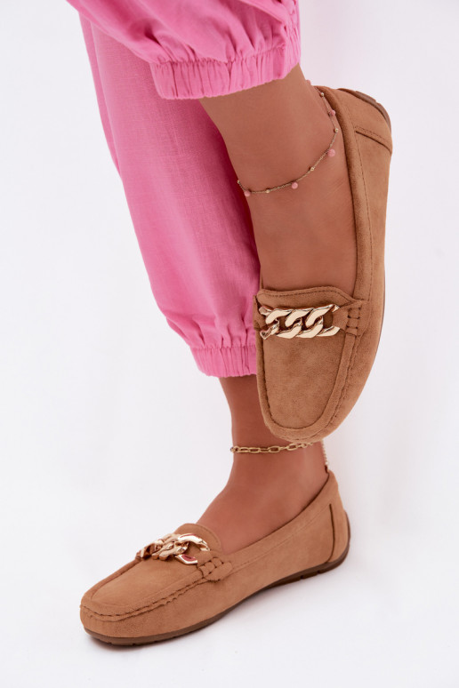 Dames gouden loafers met ketting van faux suede bruin Amaretto