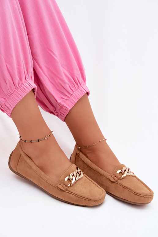 Dames gouden loafers met ketting van faux suede bruin Amaretto