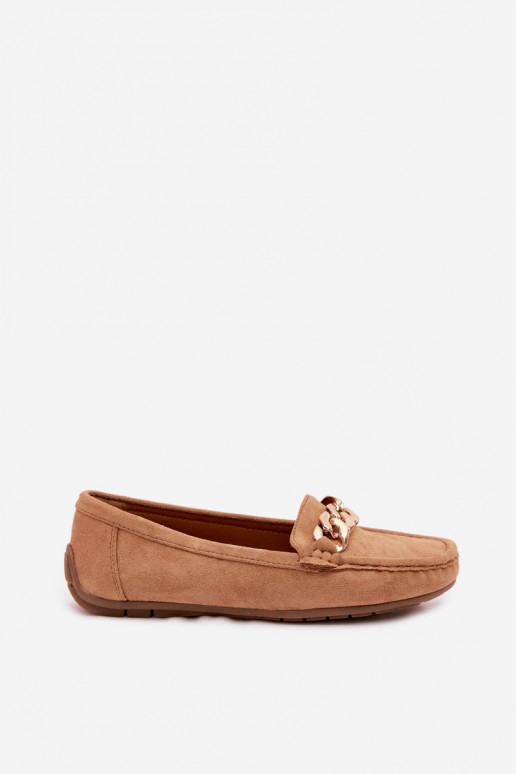Mocassins dorés pour femmes avec chaîne en daim synthétique couleur marron Amaretto