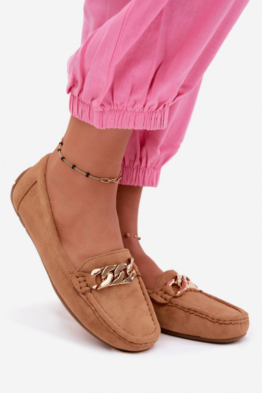 Mocassins dorés pour femmes avec chaîne en daim synthétique couleur marron Amaretto