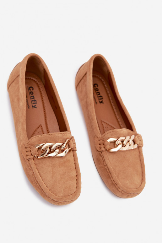 Mocassins dorés pour femmes avec chaîne en daim synthétique couleur marron Amaretto