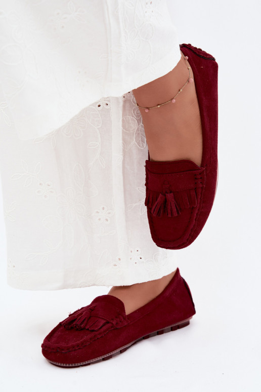 Damen Mokassins mit Fransen aus Kunstveloursleder in Bordeaux Linden