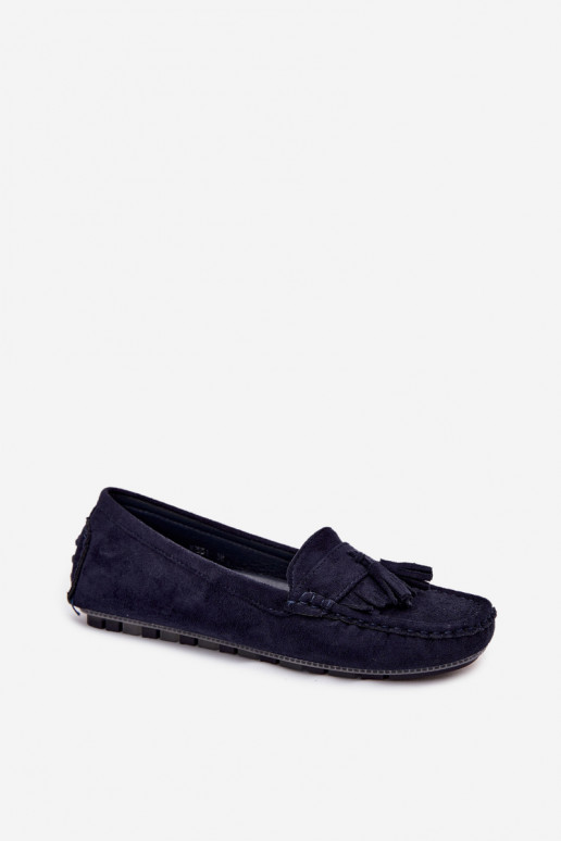 Mocassins pour femmes avec pompons en daim synthétique couleur bleu marine Linden