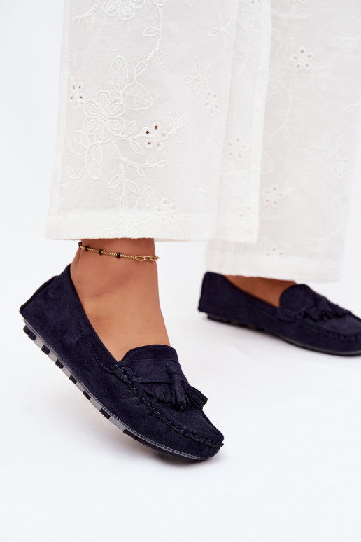 Mocassins pour femmes avec pompons en daim synthétique couleur bleu marine Linden