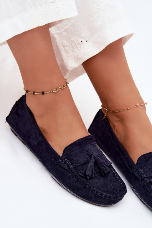 Mocassins pour femmes avec pompons en daim synthétique couleur bleu marine Linden