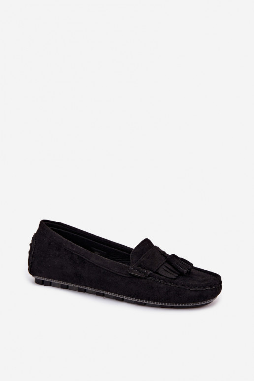 Mocassins pour femmes avec pompons en daim synthétique couleur noire Linden