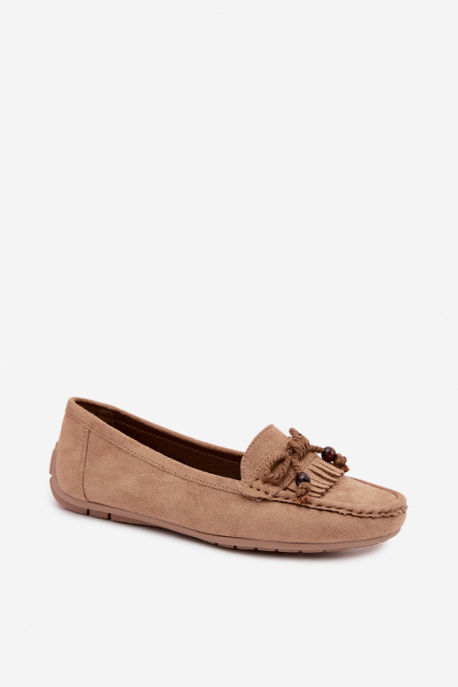 Mocassins plats pour femmes avec nœuds et pompons en daim synthétique couleur sable Bluebell