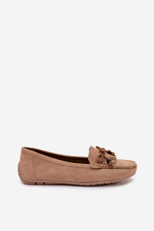 Dames platte loafers met strikken en kwastiki van faux suede zandkleur Bluebell