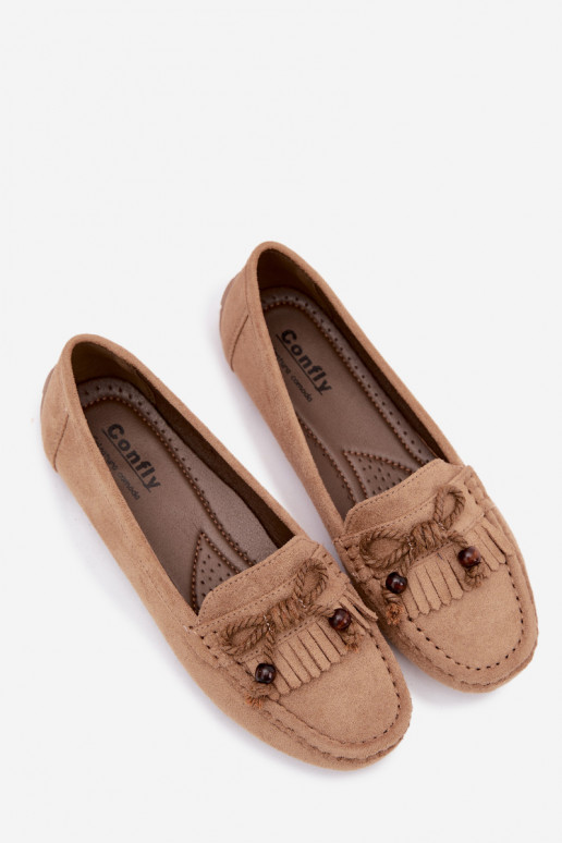 Dames platte loafers met strikken en kwastiki van faux suede zandkleur Bluebell