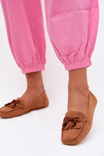 Dames mocassins met strikken en franjes van faux suede in bruine kleur Bluebell
