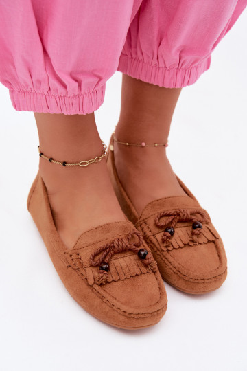 Dames mocassins met strikken en franjes van faux suede in bruine kleur Bluebell 2