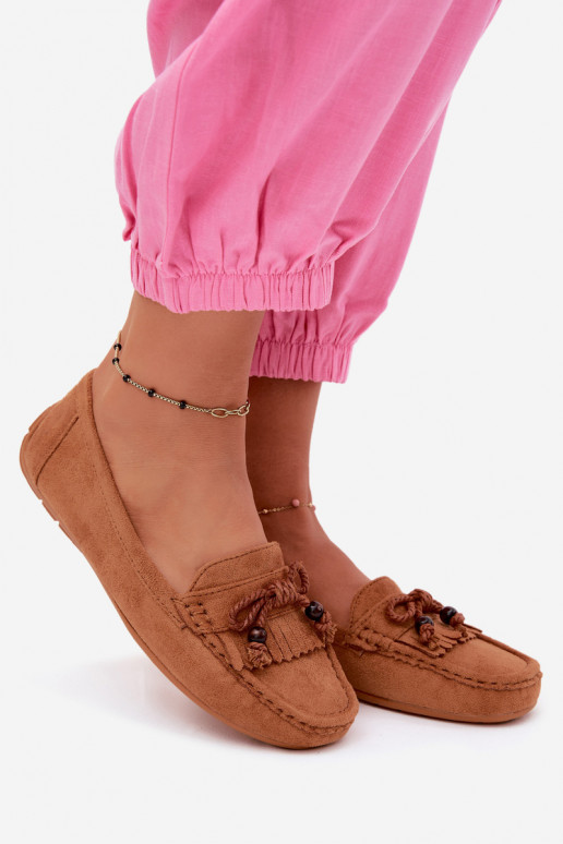 Dames mocassins met strikken en franjes van faux suede in bruine kleur Bluebell