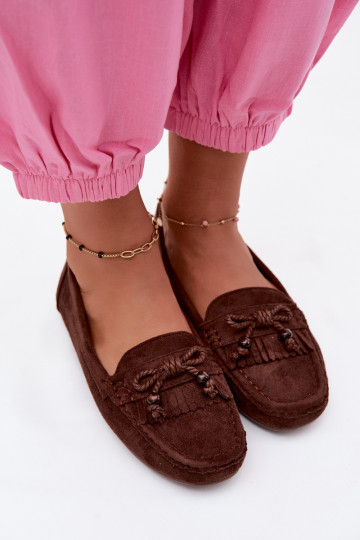 Dames mocassins met strikken en franjes van faux suede in chocolade kleur Bluebell
