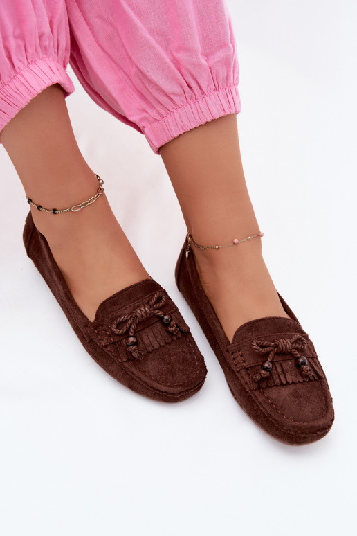 Dames mocassins met strikken en franjes van faux suede in chocolade kleur Bluebell