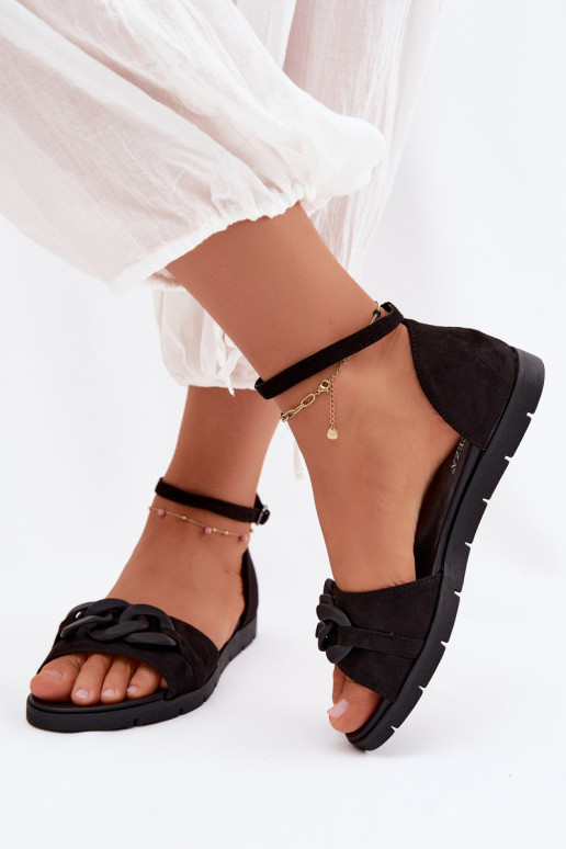Flache Sandalen für Frauen mit Ketten Vinceza 17320 schwarz