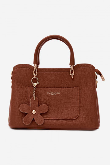 Tas van kunstleer met sleutelhanger en bloemenmotieven in bruine kleur Noomi