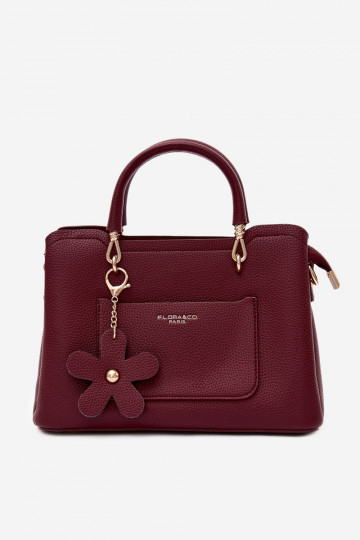 Handtasche mit Kunstleder-Schlüsselanhänger mit Blumenmotiven in bordeaux Noomi
