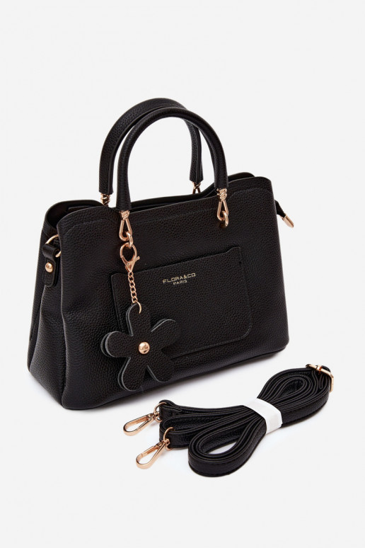 Handtasche mit Kunstveloursleder-Schlüsselanhänger mit Blumenmotiven in Schwarz Noomi