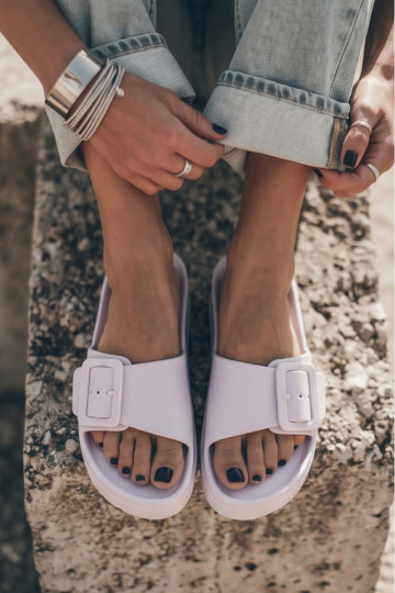 Damespantoffels LichtgeInicht pantoffels met platform met gespen Initte kleur Caramel 2