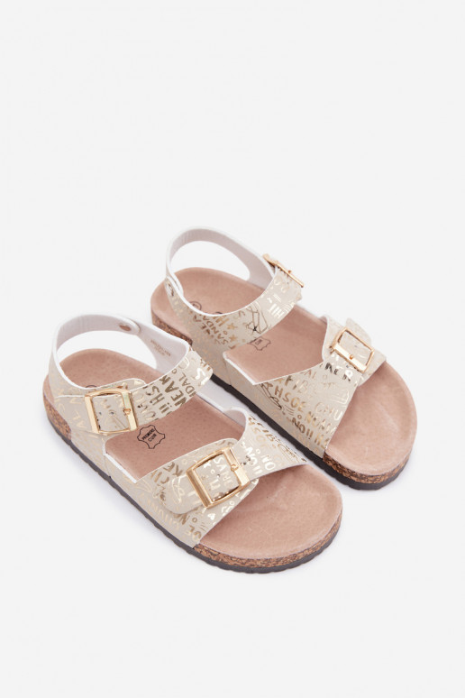 Sandales d'enfants dorées avec boucles et inscriptions Praline