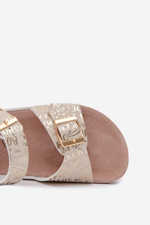 Gouden kindersandalen met gespen en opschriften Praline