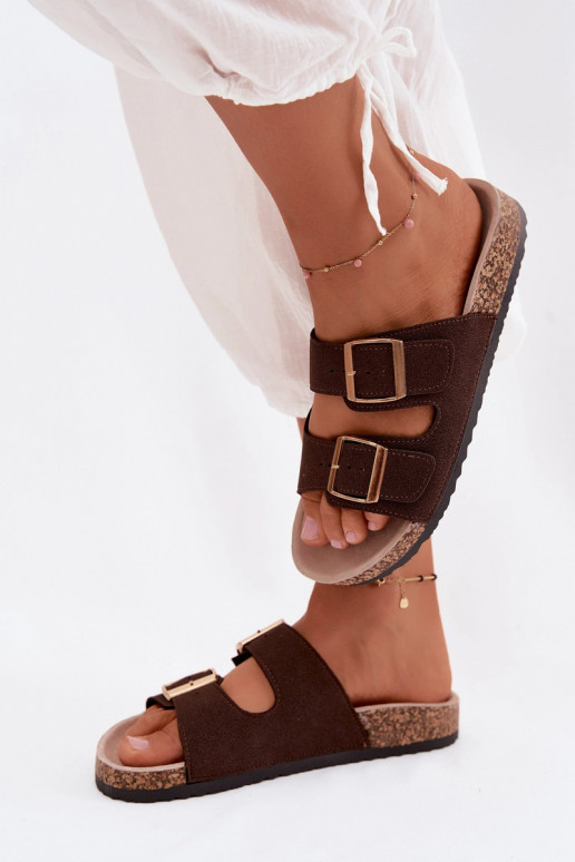 Dames slippers met gespen op kurken zool in chocolade kleur Collins