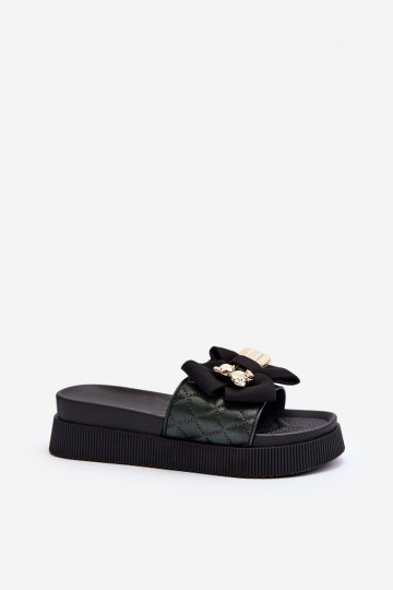 Chaussons noirs pour femmes avec des nœuds et des ours en peluche Katterina