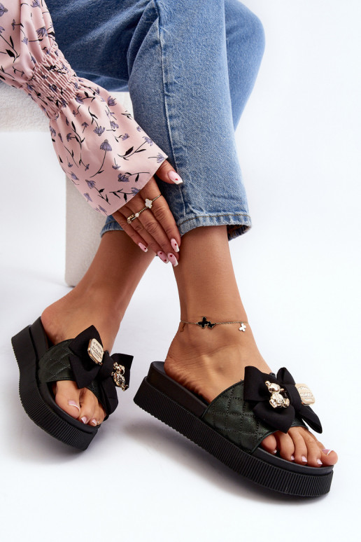 Zwarte dames slippers met strikken en teddyberen Katterina