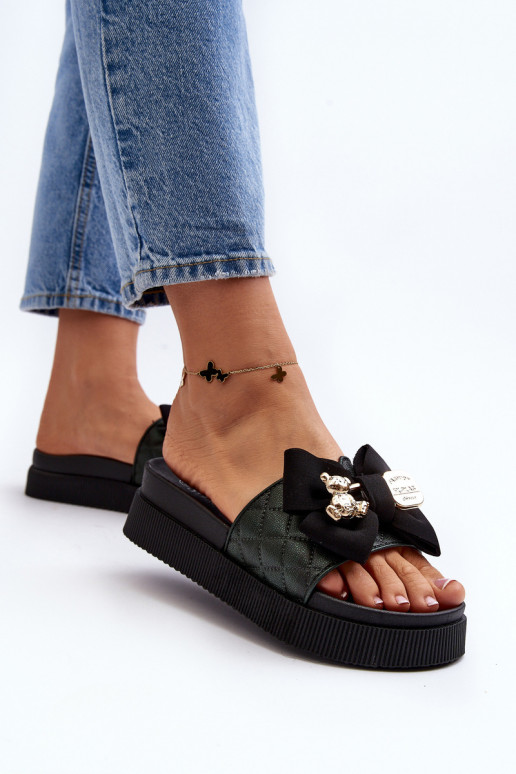 Zwarte dames slippers met strikken en teddyberen Katterina