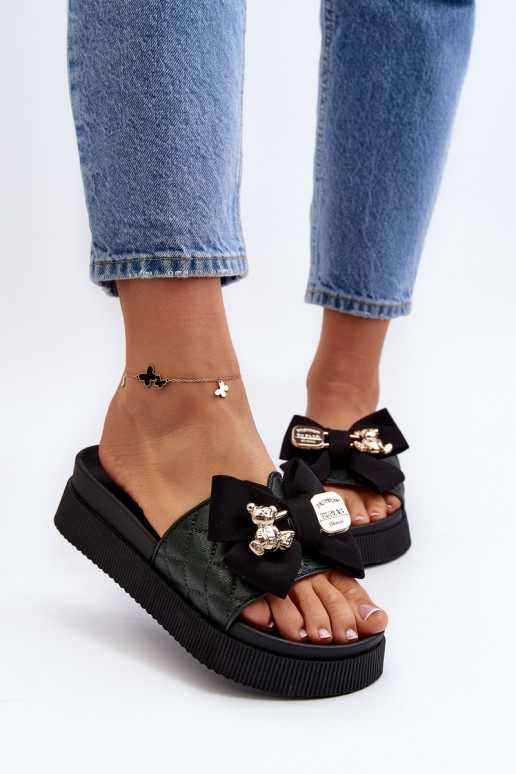 Zwarte dames slippers met strikken en teddyberen Katterina