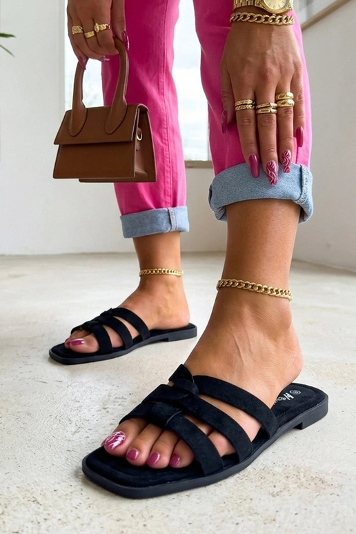 Schwarze Damenclogs mit Riemen aus Kunstveloursleder Cordelia