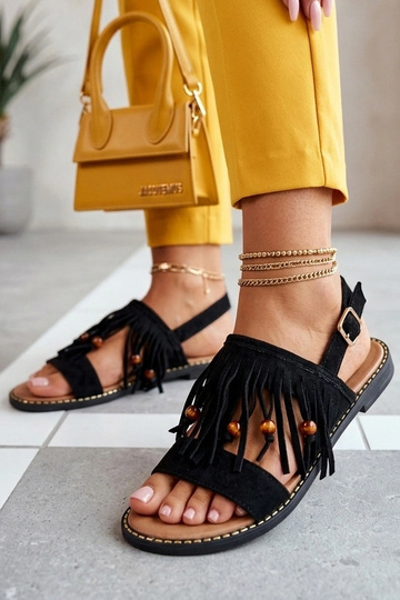 Schwarze flache Sandalen mit Quasten Gladys