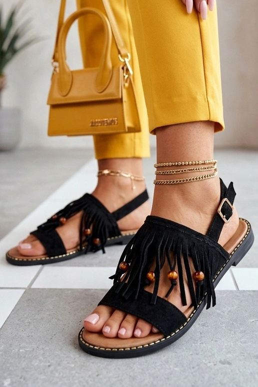 Zwarte platte sandalen met franjes Gladys