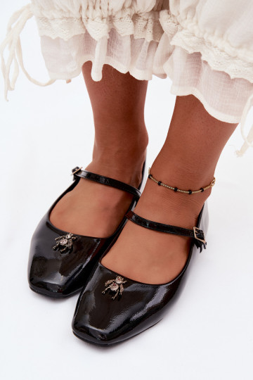 Zwarte gepatineerde ballerina's met bandjes en gesp van faux leather Pinea