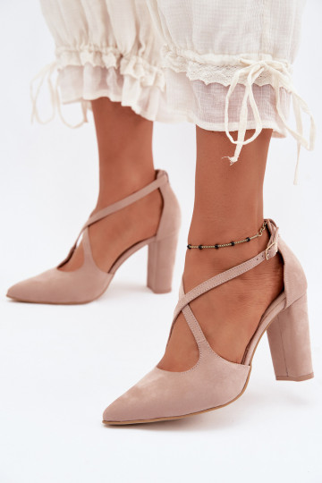 Sandkleurige sandalen met hakken en bandjes van faux suede Zazoo 1053 2